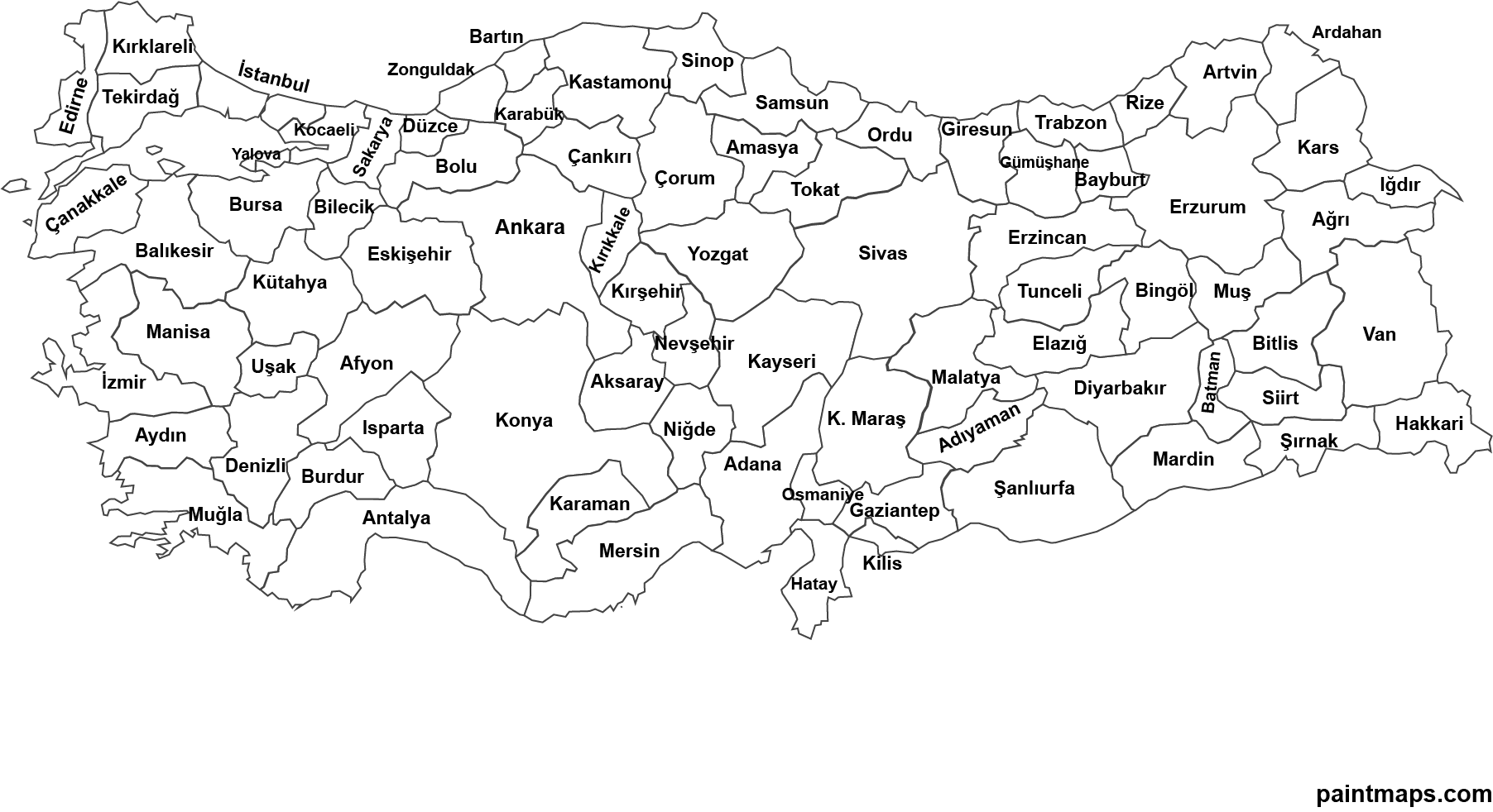 Türkiye vektörel siyasi haritası (siyah-beyaz, gri ton, boş, dilsiz, boyama sayfası) (PNG,SVG,EPS,PDF,Adobe Illustrator)