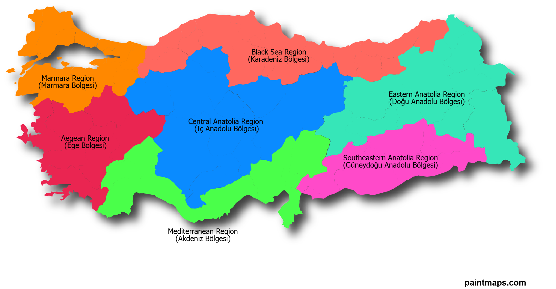 Türkiye bölgeler vektörel haritası (renkli, 3b gölge efektli) (PNG,SVG,EPS,PDF,Adobe Illustrator)